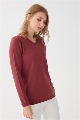 Женская базовая блузка из лайкры с V-образным вырезом Цвет сушеной розы