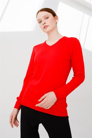 Женская базовая блузка из лайкры с v-образным вырезом кораллового цвета