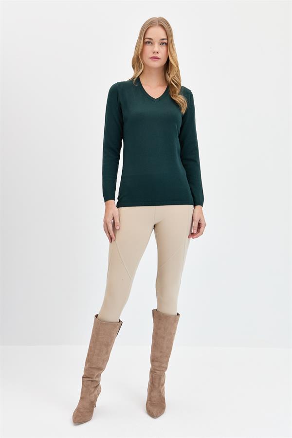 Женская базовая блузка с v-образным вырезом из лайкры, темно-зеленая