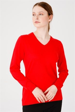 Женская базовая блузка из лайкры с v-образным вырезом кораллового цвета