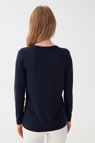 Женская базовая блузка из лайкры с v-образным вырезом темно-синяя