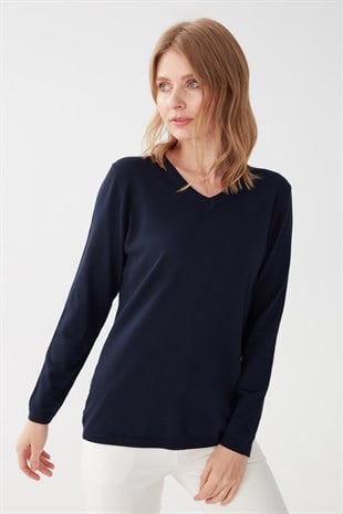Женская базовая блузка из лайкры с v-образным вырезом темно-синяя