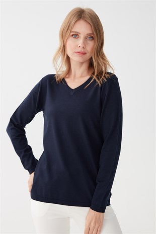 Женская базовая блузка из лайкры с v-образным вырезом темно-синяя