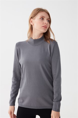 Женская базовая блузка с высоким воротником из лайкры серая