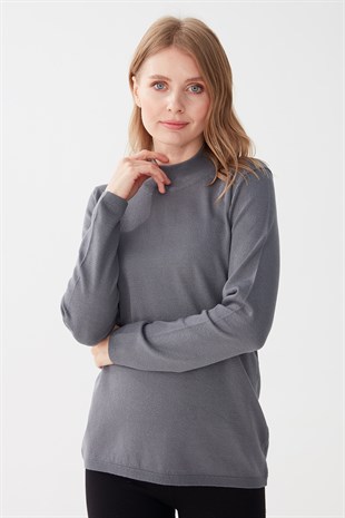 Женская базовая блузка с высоким воротником из лайкры серая