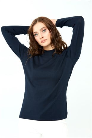 Женская базовая блузка с высоким воротником из лайкры Темно-синий