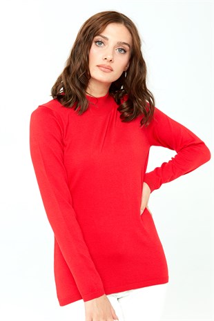 Женская базовая блузка с высоким воротником из лайкры кораллового цвета