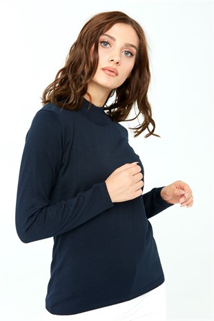 Женская базовая блузка с высоким воротником из лайкры Темно-синий