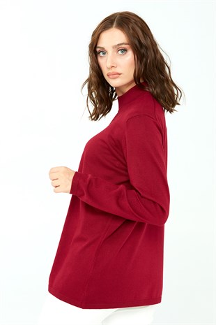 Kadın Likralı Uzun Kol Basic Yarım Balıkçı Bluz Vişne