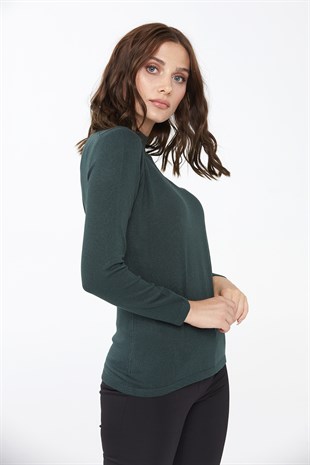 Женская базовая блузка с высоким воротником из лайкры зеленого цвета