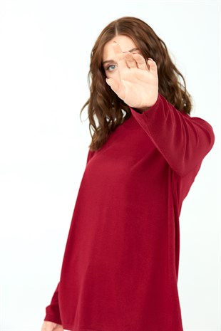 Kadın Likralı Uzun Kol Basic Yarım Balıkçı Bluz Vişne