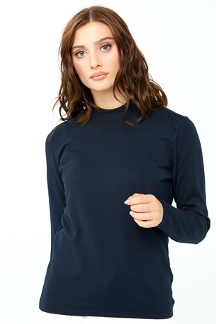 Женская базовая блузка с высоким воротником из лайкры Темно-синий