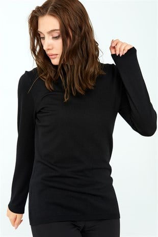 Женская базовая блузка с высоким воротником из лайкры черного цвета