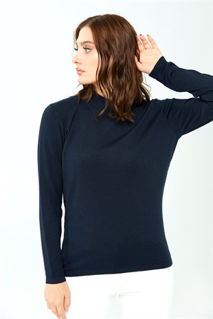 Женская базовая блузка с высоким воротником из лайкры Темно-синий