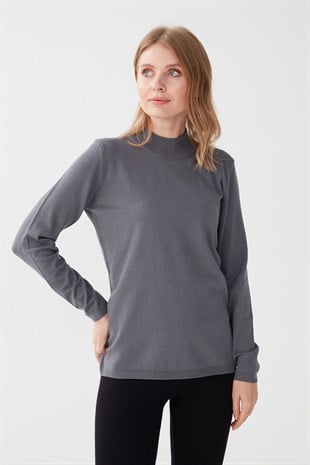 Женская базовая блузка с высоким воротником из лайкры серая