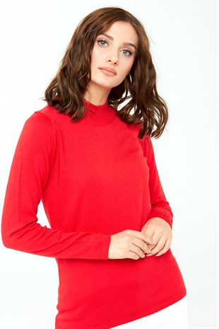 Женская базовая блузка с высоким воротником из лайкры кораллового цвета