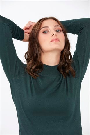 Женская базовая блузка с высоким воротником из лайкры зеленого цвета