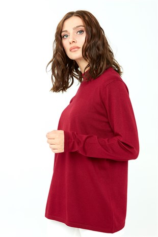 Kadın Likralı Uzun Kol Basic Yarım Balıkçı Bluz Vişne