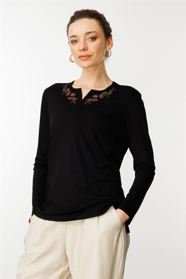 Kadın Nakış İşlemeli Uzun Kollu Penye Bluz Siyah