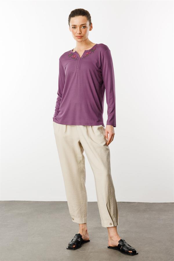 Kadın Nakış İşlemeli Uzun Kollu Penye Bluz Lila