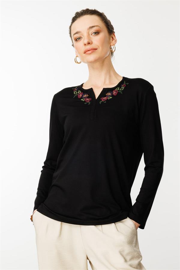 Kadın Nakış İşlemeli Uzun Kollu Penye Bluz Siyah