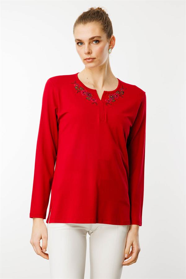 Kadın Nakış İşlemeli Uzun Kollu Penye Bluz Kırmızı