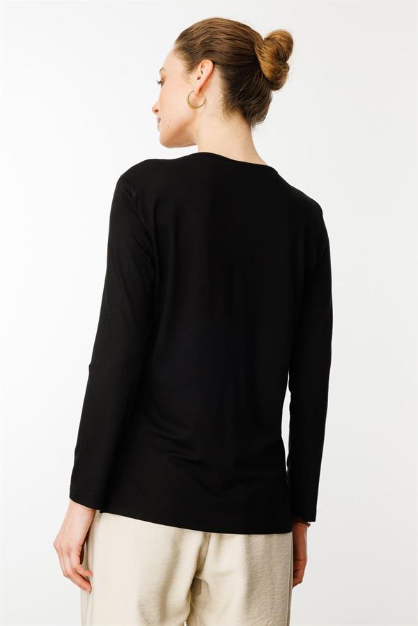 Kadın Nakış İşlemeli Uzun Kollu Penye Bluz Siyah