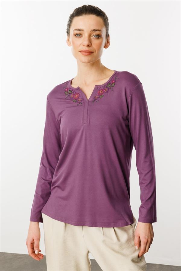 Kadın Nakış İşlemeli Uzun Kollu Penye Bluz Lila