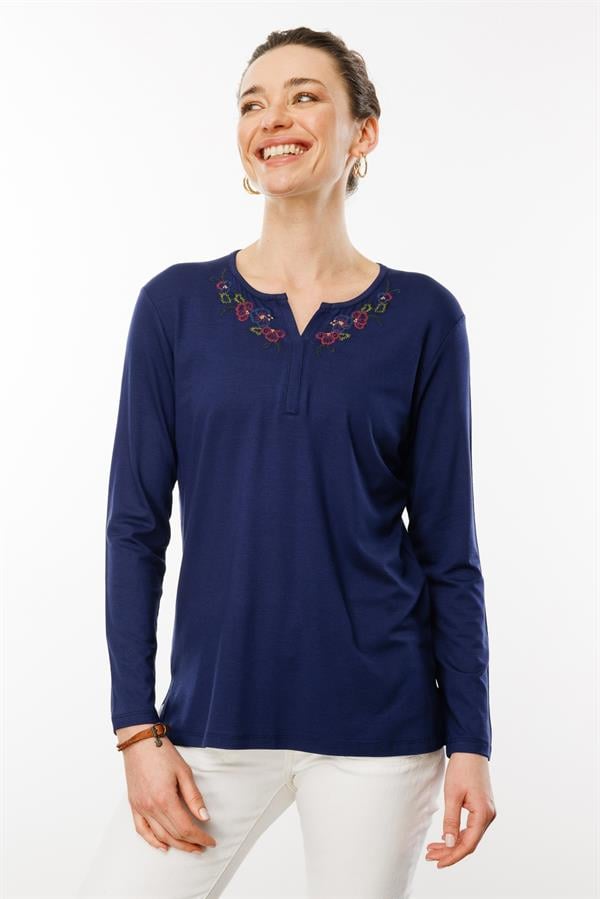 Kadın Nakış İşlemeli Uzun Kollu Penye Bluz Lacivert