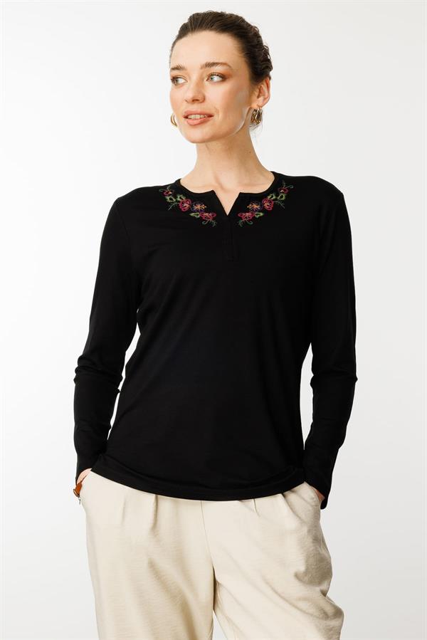 Kadın Nakış İşlemeli Uzun Kollu Penye Bluz Siyah