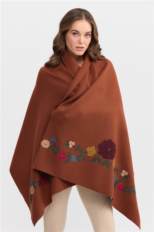 Женский палантин с вышивкой терракотовый