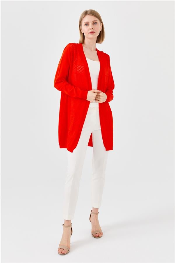 Женский летний длинный кардиган ажурный спереди цвета красный 