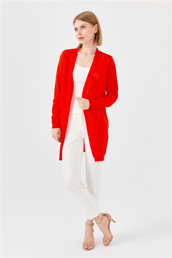 Женский летний длинный кардиган ажурный спереди цвета красный 