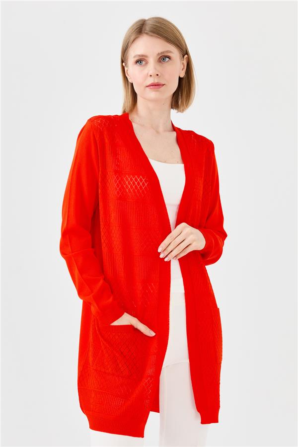 Женский летний длинный кардиган ажурный спереди цвета красный 