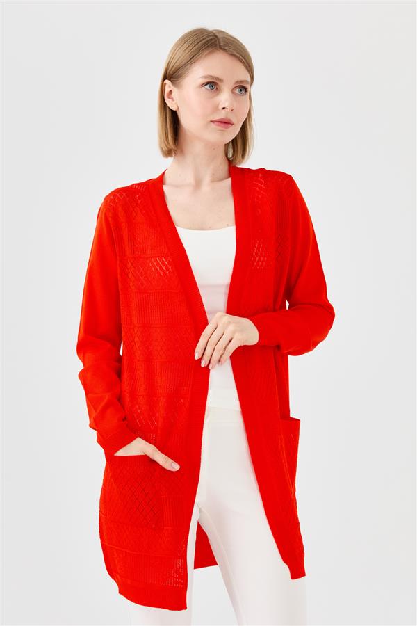 Женский летний длинный кардиган ажурный спереди цвета красный 