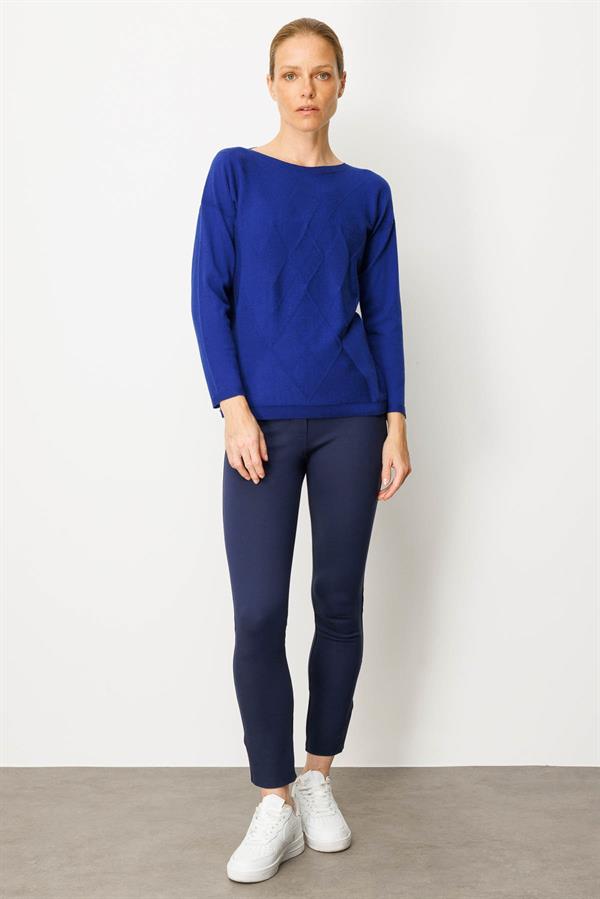 Kadın Önü Baklavalı Yan Örgü Kazak K.S.Mavi