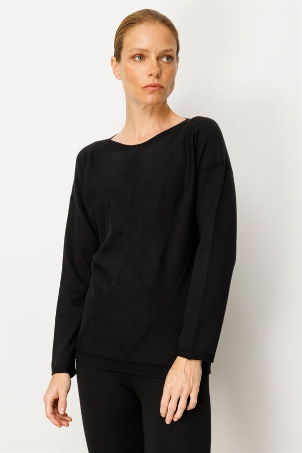 Kadın Önü Baklavalı Yan Örgü Kazak Siyah