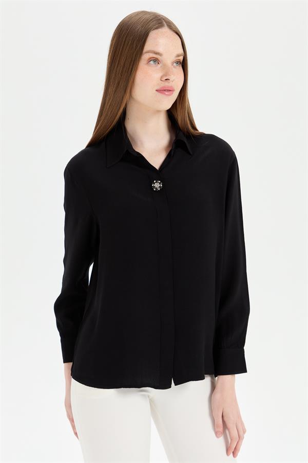 Женская рубашка с брошью спереди, черная