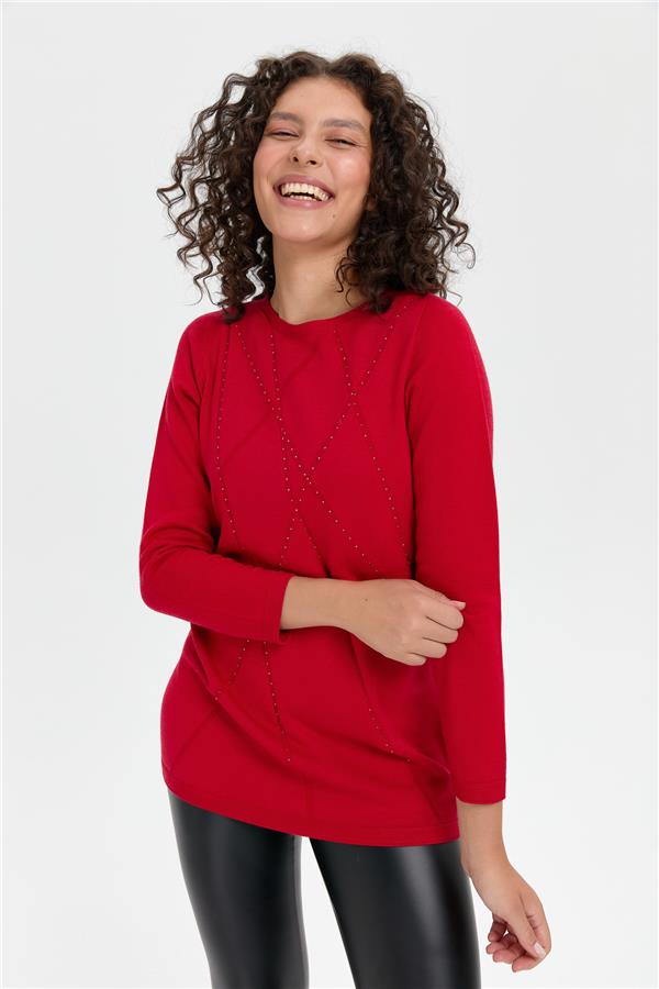 Kadın Önü Çapraz Desenli Taşlı Dikişsiz Kazak K.Kırmızı