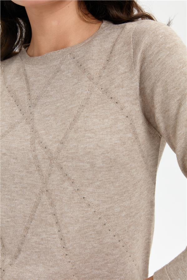 Kadın Önü Çapraz Desenli Taşlı Dikişsiz Kazak Vizon