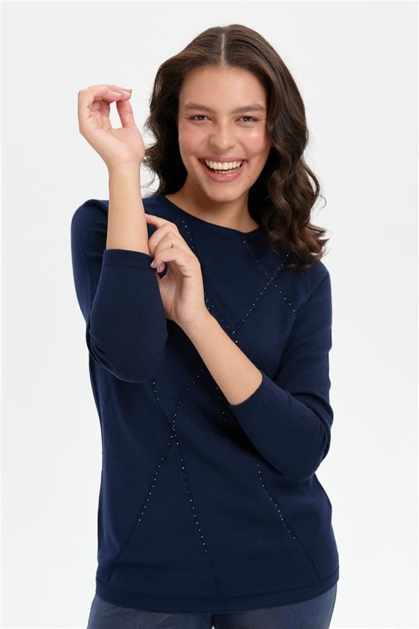 Kadın Önü Çapraz Desenli Taşlı Dikişsiz Kazak K.Lacivert