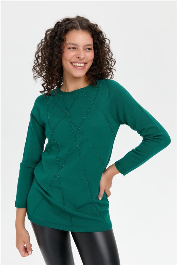 Kadın Önü Çapraz Desenli Taşlı Dikişsiz Kazak Ö.Başı