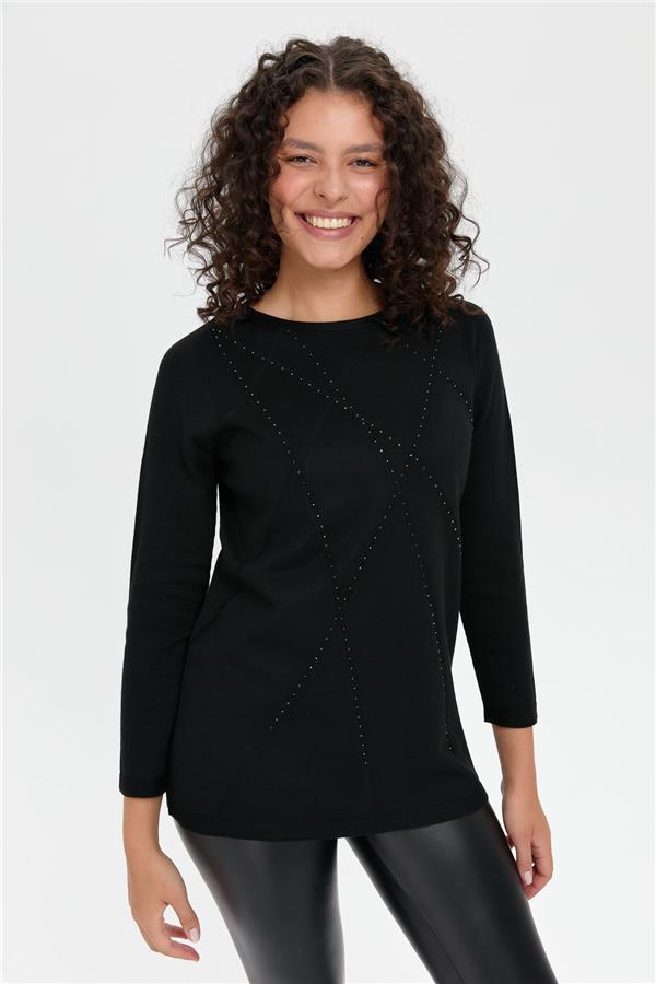 Kadın Önü Çapraz Desenli Taşlı Dikişsiz Kazak Siyah