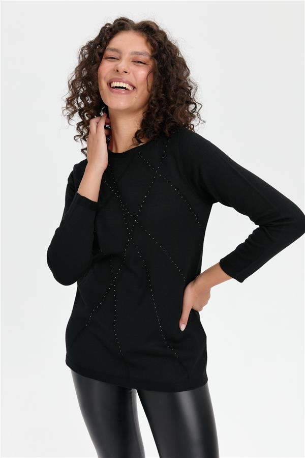 Kadın Önü Çapraz Desenli Taşlı Dikişsiz Kazak Siyah