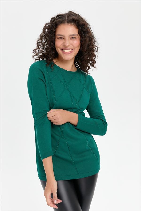 Kadın Önü Çapraz Desenli Taşlı Dikişsiz Kazak Ö.Başı