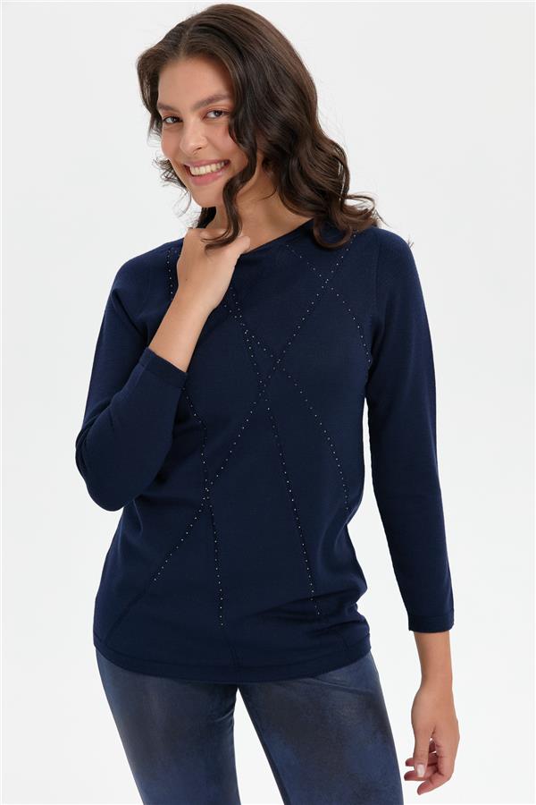 Kadın Önü Çapraz Desenli Taşlı Dikişsiz Kazak K.Lacivert