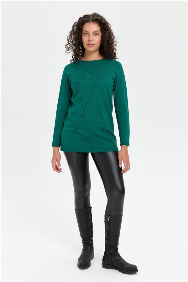 Kadın Önü Çapraz Desenli Taşlı Dikişsiz Kazak Ö.Başı