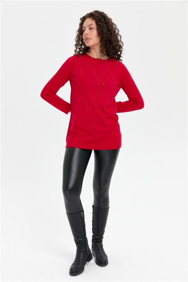 Kadın Önü Çapraz Desenli Taşlı Dikişsiz Kazak K.Kırmızı