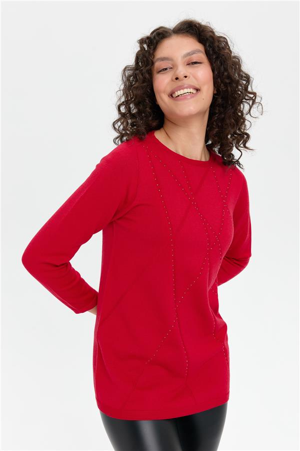 Kadın Önü Çapraz Desenli Taşlı Dikişsiz Kazak K.Kırmızı