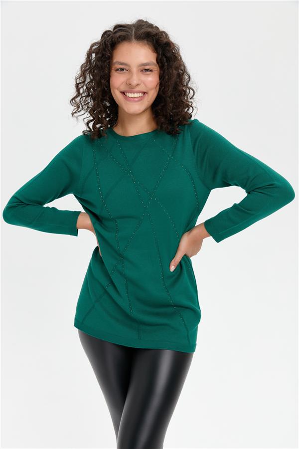 Kadın Önü Çapraz Desenli Taşlı Dikişsiz Kazak Ö.Başı